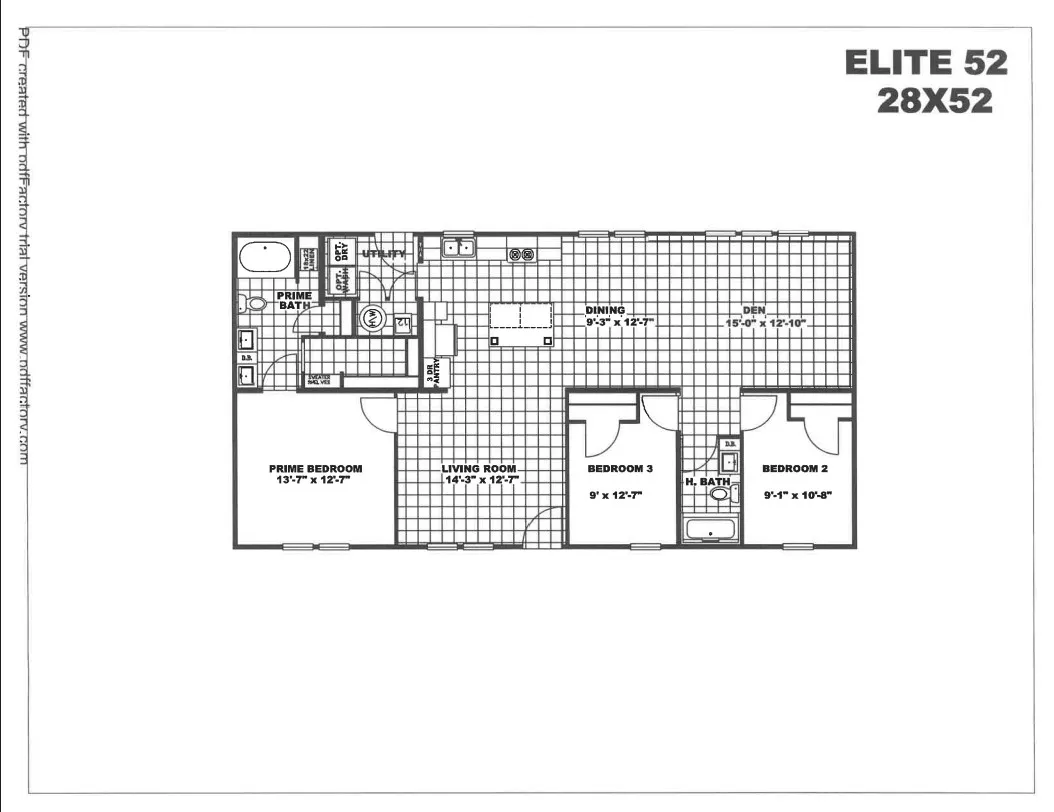 The THE ELITE 52 Floor Plan. This Manufactured Mobile Home features 3 bedrooms and 2 baths.