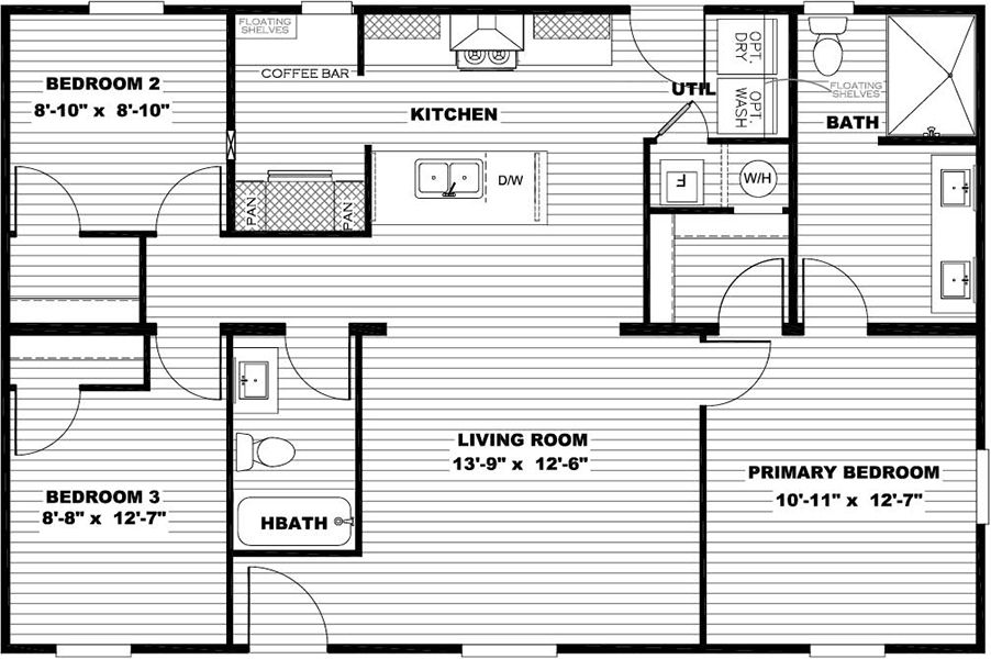The DRAKE   28X40 Floor Plan. This Manufactured Mobile Home features 3 bedrooms and 2 baths.