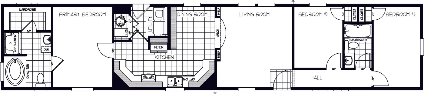 The K1676H Floor Plan. This Manufactured Mobile Home features 3 bedrooms and 2 baths.