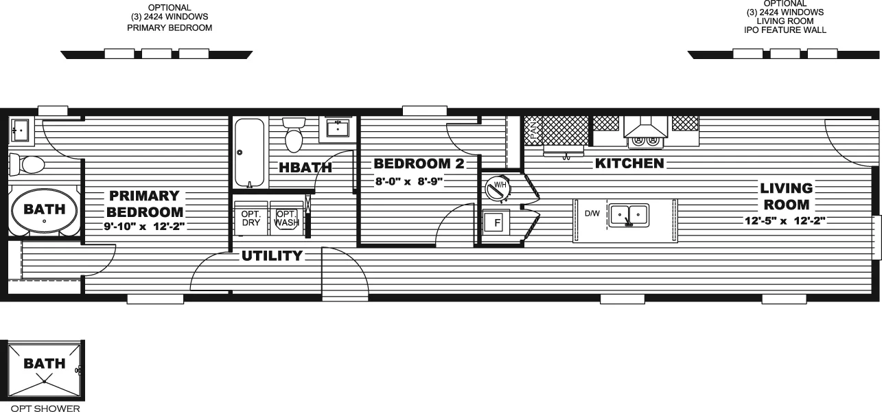 The CORTES Floor Plan. This Manufactured Mobile Home features 2 bedrooms and 2 baths.