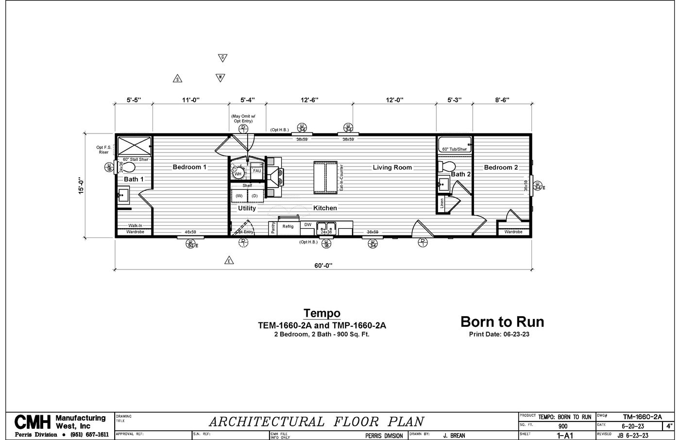 The BORN TO RUN Floor Plan. This Manufactured Mobile Home features 2 bedrooms and 2 baths.