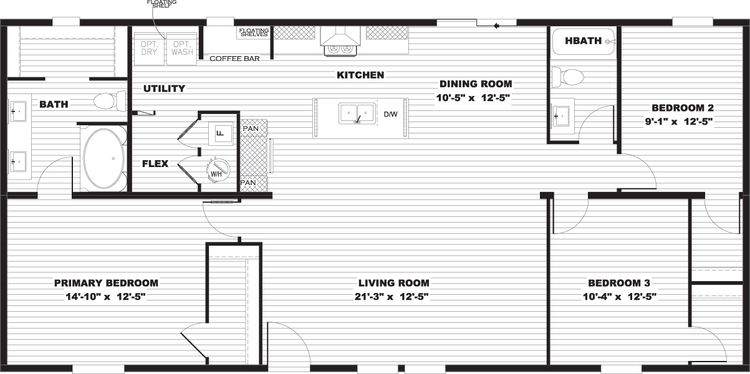 The RIO Floor Plan. This Manufactured Mobile Home features 3 bedrooms and 2 baths.