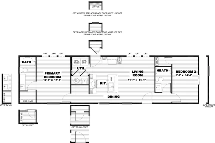 The SPIRIT Floor Plan. This Manufactured Mobile Home features 2 bedrooms and 2 baths.