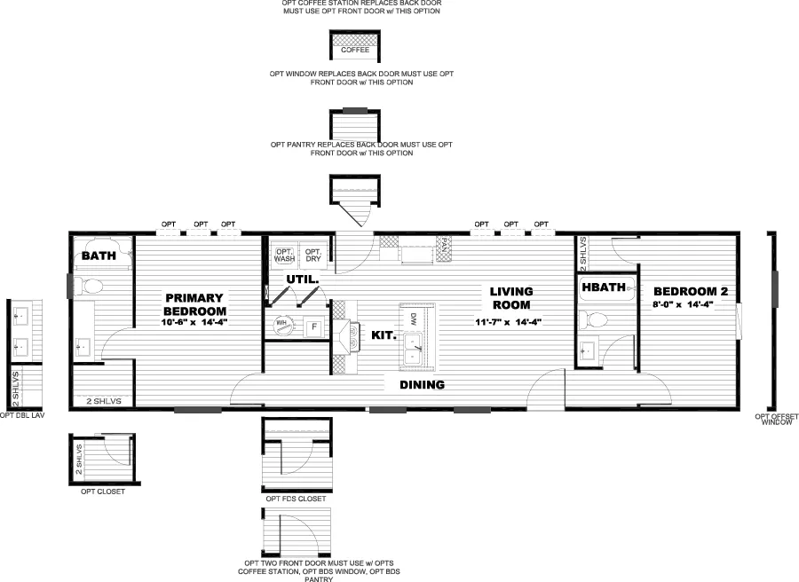 The SPIRIT Floor Plan. This Manufactured Mobile Home features 2 bedrooms and 2 baths.