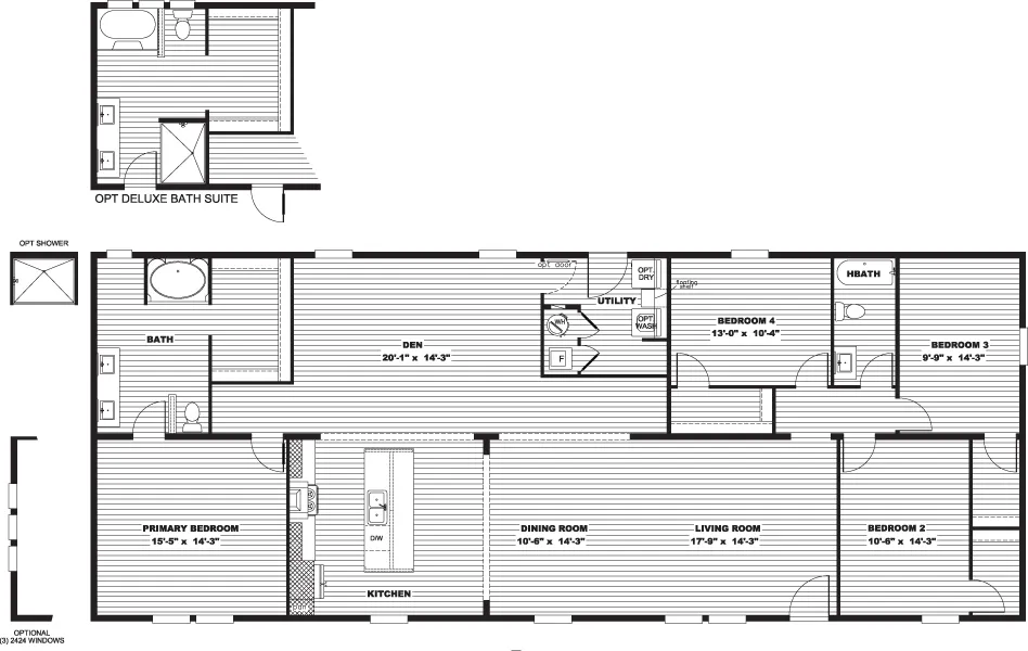 The EVEREST Floor Plan. This Manufactured Mobile Home features 4 bedrooms and 2 baths.