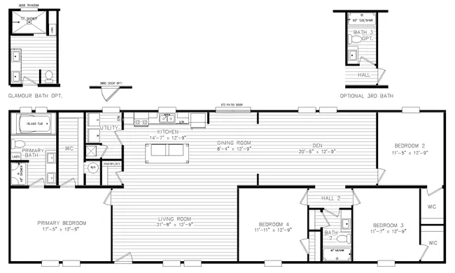 The BIG EASY M001 Floor Plan. This Modular Home features 4 bedrooms and 2 baths.