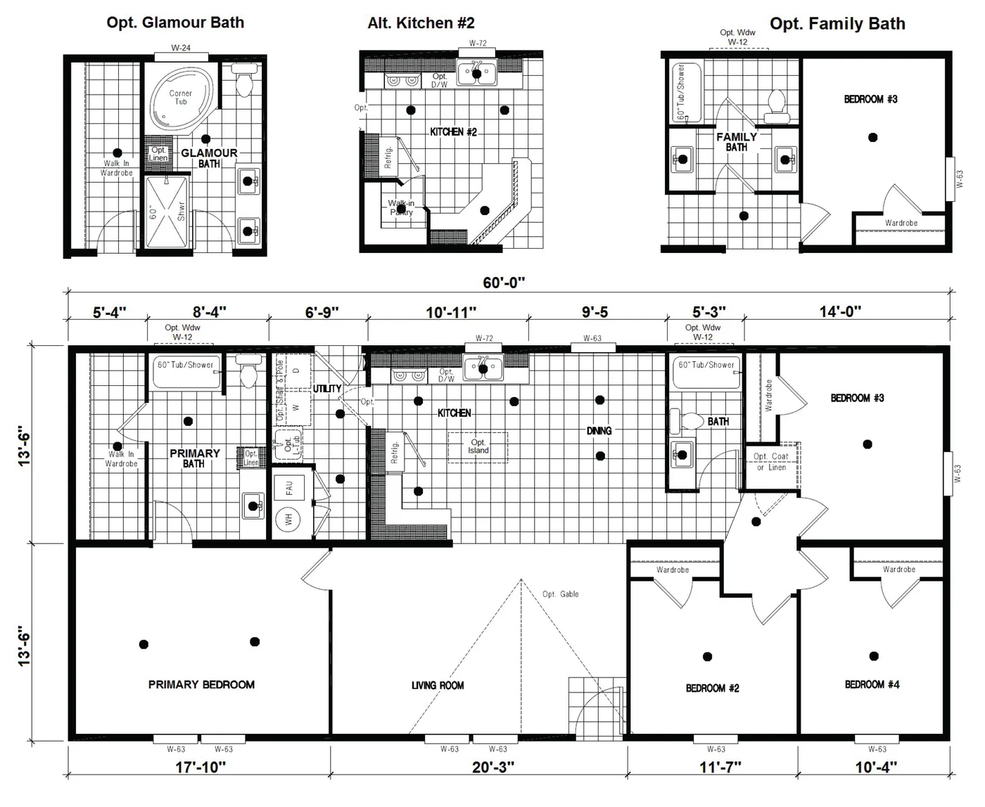 The DRM601F 60' DREAM Floor Plan. This Manufactured Mobile Home features 4 bedrooms and 2 baths.
