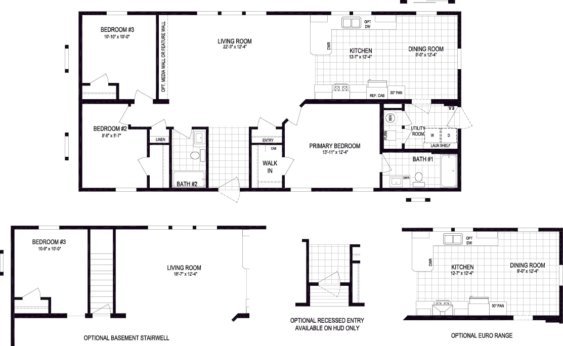 The HILL ST/5628-MS020-1 SECT Floor Plan. This Manufactured Mobile Home features 3 bedrooms and 2 baths.