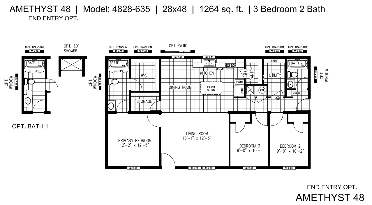 The AMETHYST END ENTRY Floor Plan. This Manufactured Mobile Home features 3 bedrooms and 2 baths Standard.
