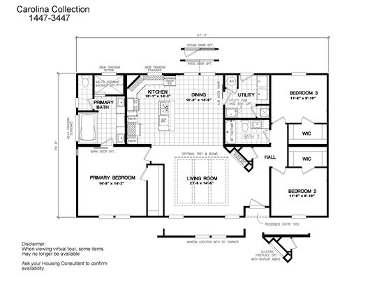 The 1447 CAROLINA Floor Plan. This Manufactured Mobile Home features 3 bedrooms and 2 baths.
