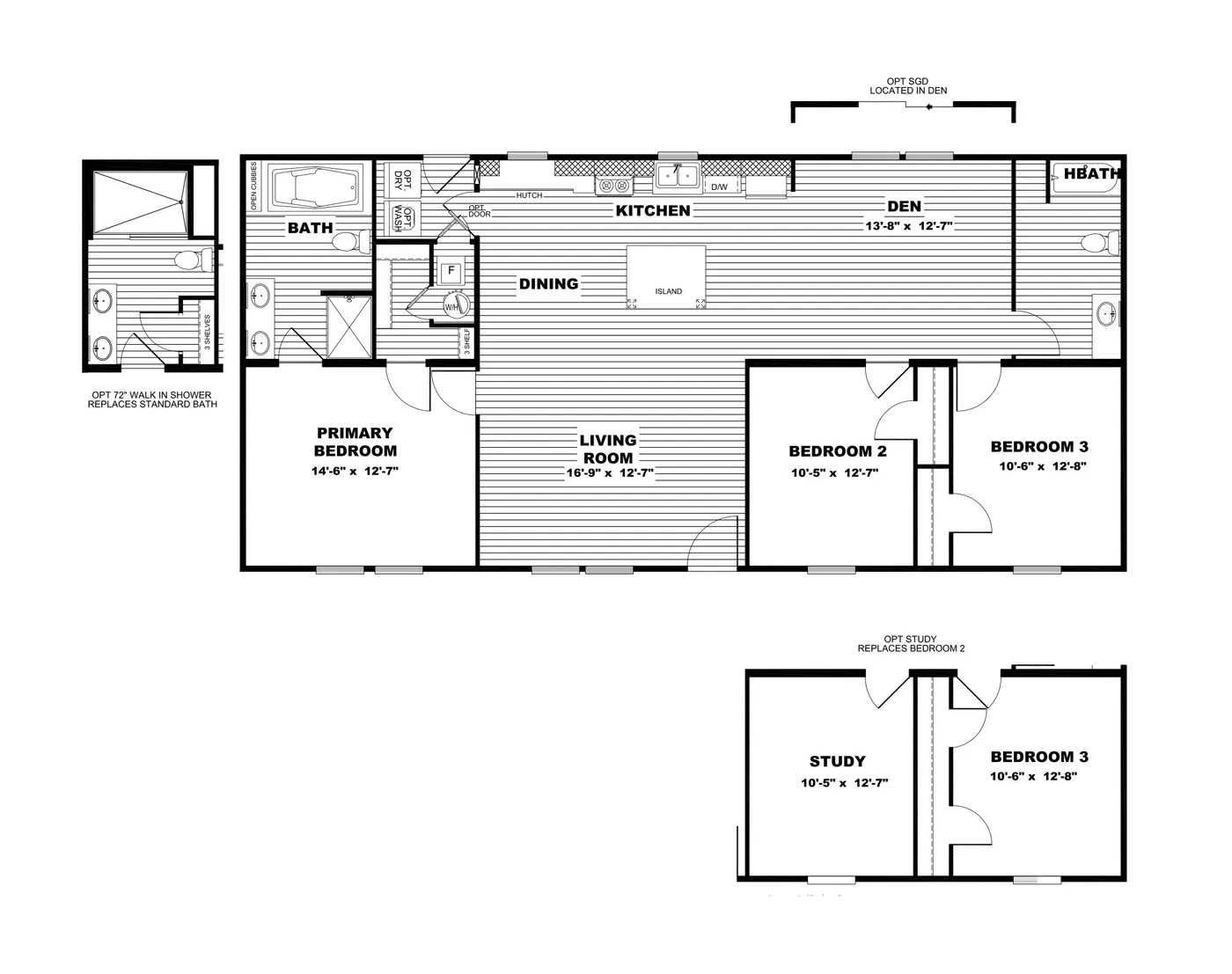 The ULTRA PRO 3 BR 28X56 Floor Plan. This Manufactured Mobile Home features 3 bedrooms and 2 baths.