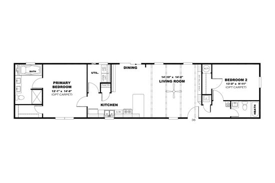 The THE ANNIVERSARY 68 Floor Plan. This Manufactured Mobile Home features 2 bedrooms and 2 baths.