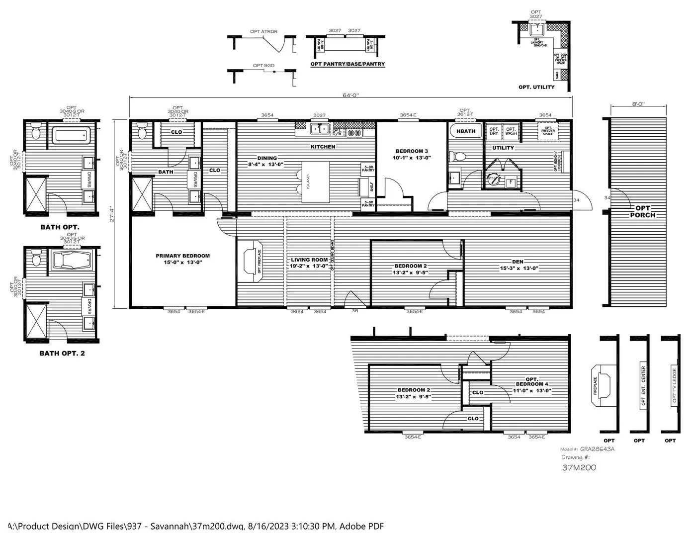 The GRAND LIVING 64 Floor Plan. This Home features 3 bedrooms and 2 baths.