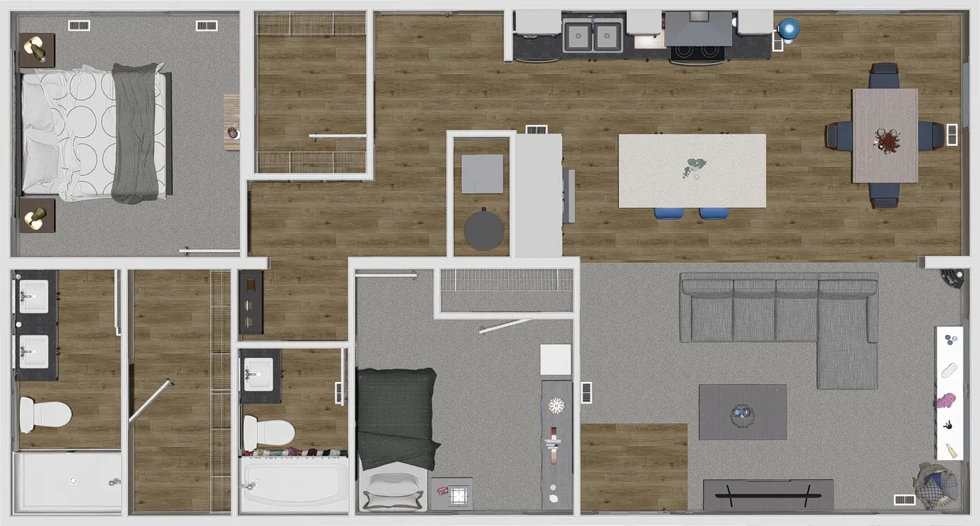 The RISING SUN Floor Plan. This Manufactured Mobile Home features 2 bedrooms and 2 baths.