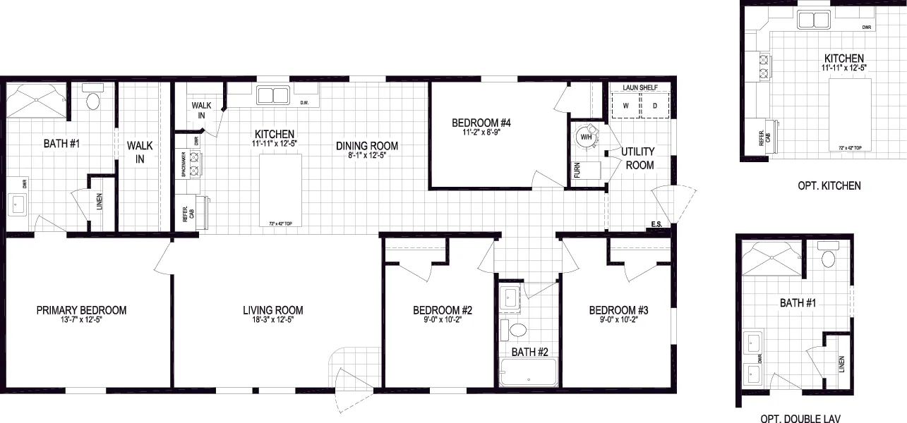 The 5628-MS067-2 HUNTINGTON Floor Plan. This Manufactured Mobile Home features 4 bedrooms and 2 baths.