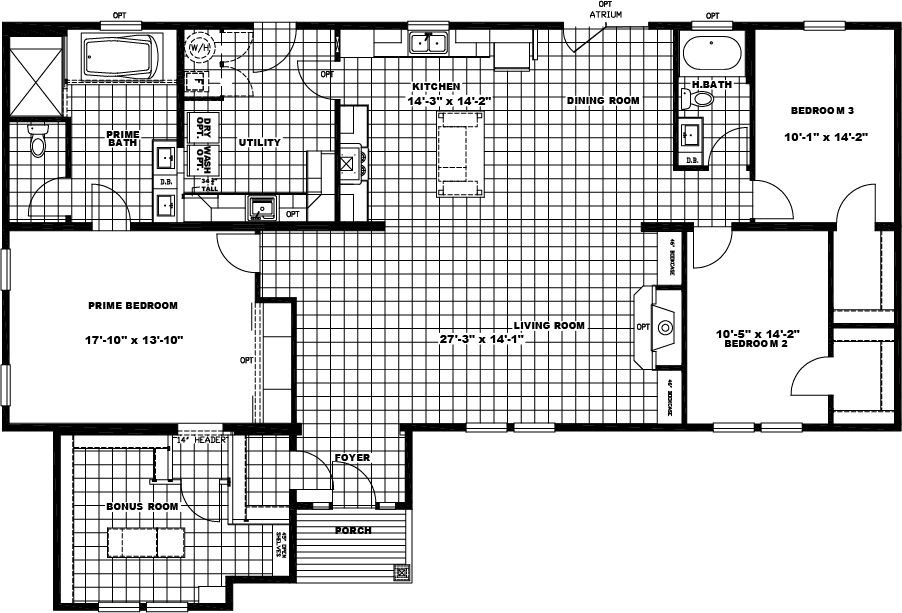 The THE TILLEY Floor Plan. This Manufactured Mobile Home features 3 bedrooms and 2 baths.