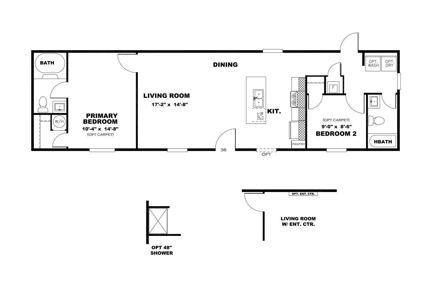 The MAYNARDVILLE CLASSIC 56 Floor Plan. This Manufactured Mobile Home features 2 bedrooms and 2 baths.