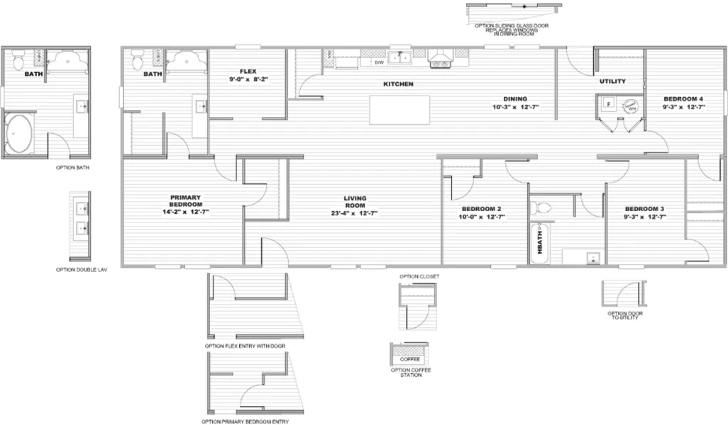 The OCCASSION Floor Plan. This Manufactured Mobile Home features 4 bedrooms and 2 baths.