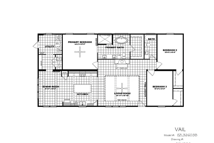 The THE VAIL Floor Plan. This Manufactured Mobile Home features 3 bedrooms and 2 baths.