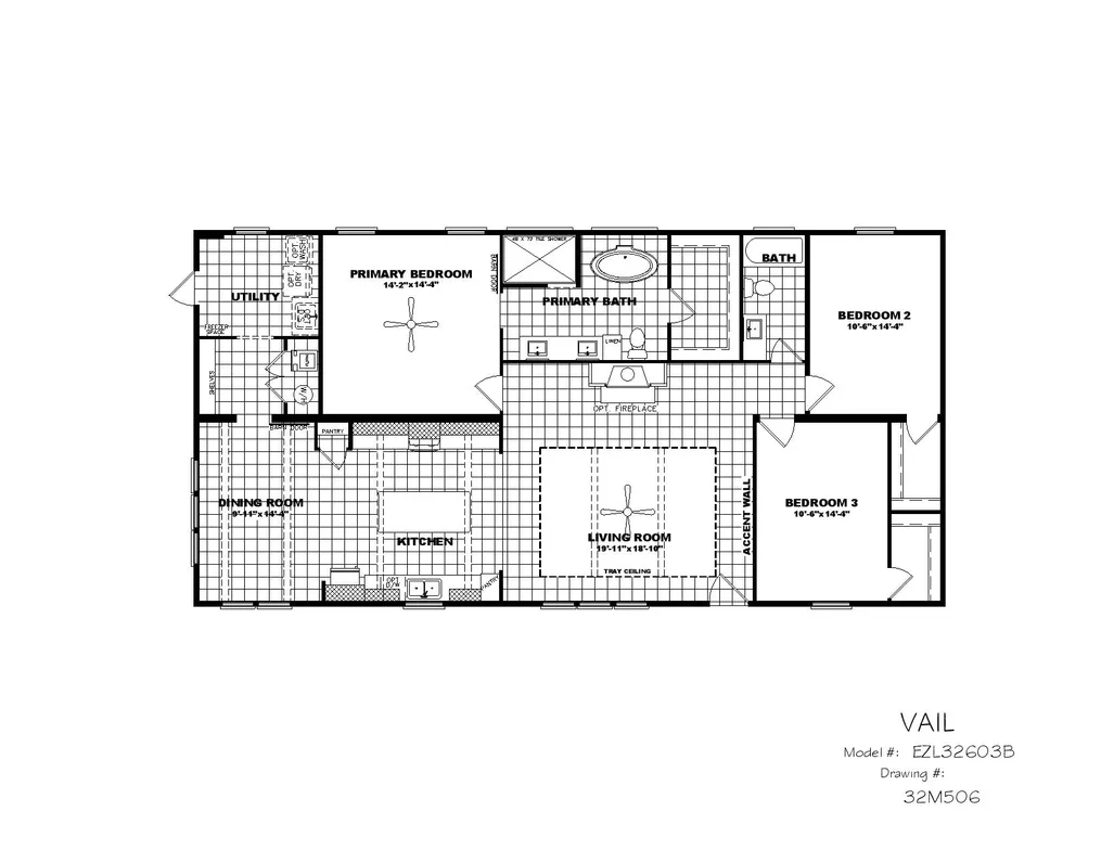 The THE VAIL Floor Plan. This Manufactured Mobile Home features 3 bedrooms and 2 baths.