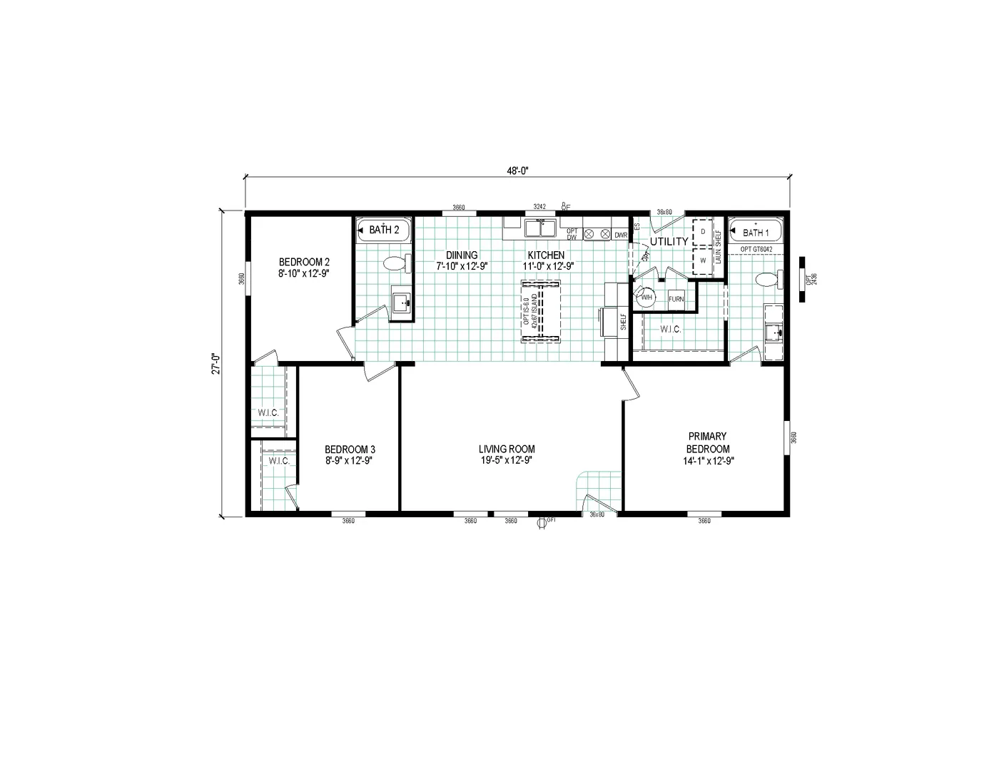 The 4828-E201 ADRENALINE Floor Plan. This Manufactured Mobile Home features 3 bedrooms and 2 baths.