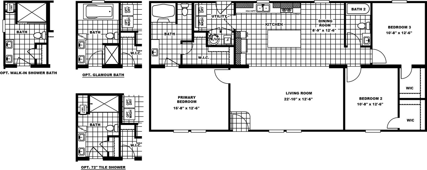 The FALCON 56B Floor Plan. This Manufactured Mobile Home features 3 bedrooms and 2 baths.
