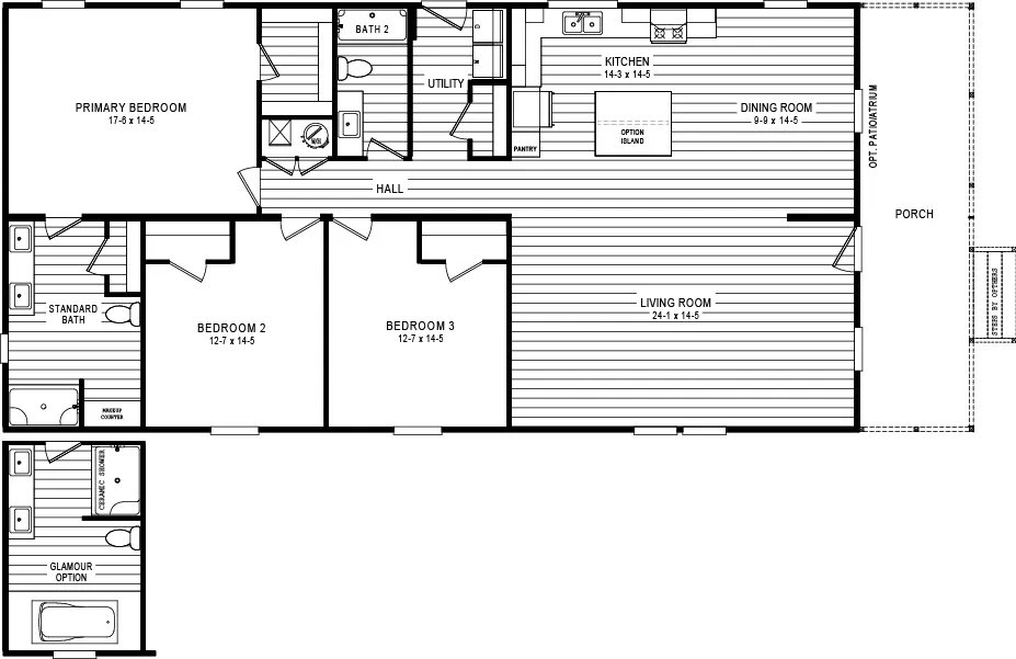 32' Wide The 2700 "CADDIE" 6828 Exterior. This Manufactured Mobile Home features 3 bedrooms and 2 baths.