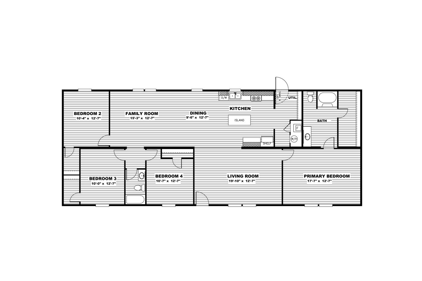 The PRIDE Floor Plan. This Manufactured Mobile Home features 4 bedrooms and 2 baths.