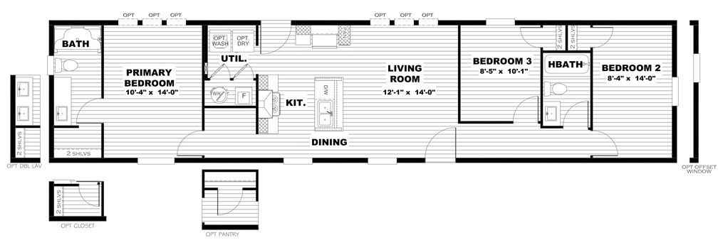 The INTUITION Floor Plan. This Manufactured Mobile Home features 3 bedrooms and 2 baths.