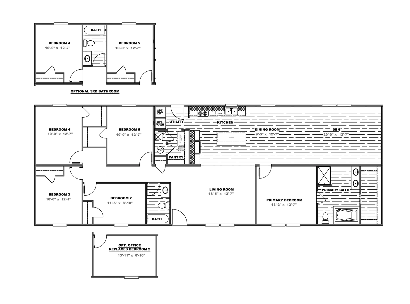The THE EAGLE 76 Floor Plan. This Manufactured Mobile Home features 5 bedrooms and 2 baths.