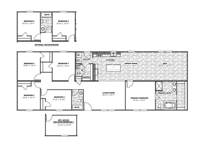 The THE EAGLE 76 Floor Plan. This Manufactured Mobile Home features 5 bedrooms and 2 baths.