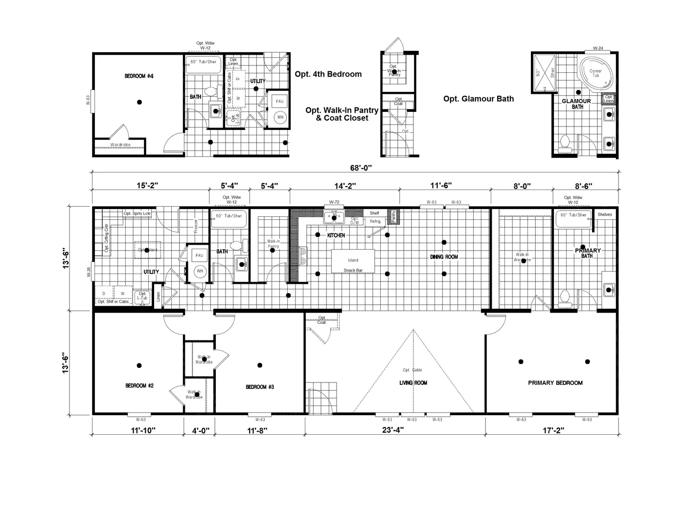 The DRM683F 68'              DREAM Floor Plan. This Manufactured Mobile Home features 3 bedrooms and 2 baths.