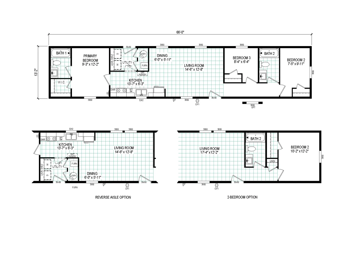 The 6614-4701 THE PULSE Floor Plan. This Manufactured Mobile Home features 3 bedrooms and 2 baths.