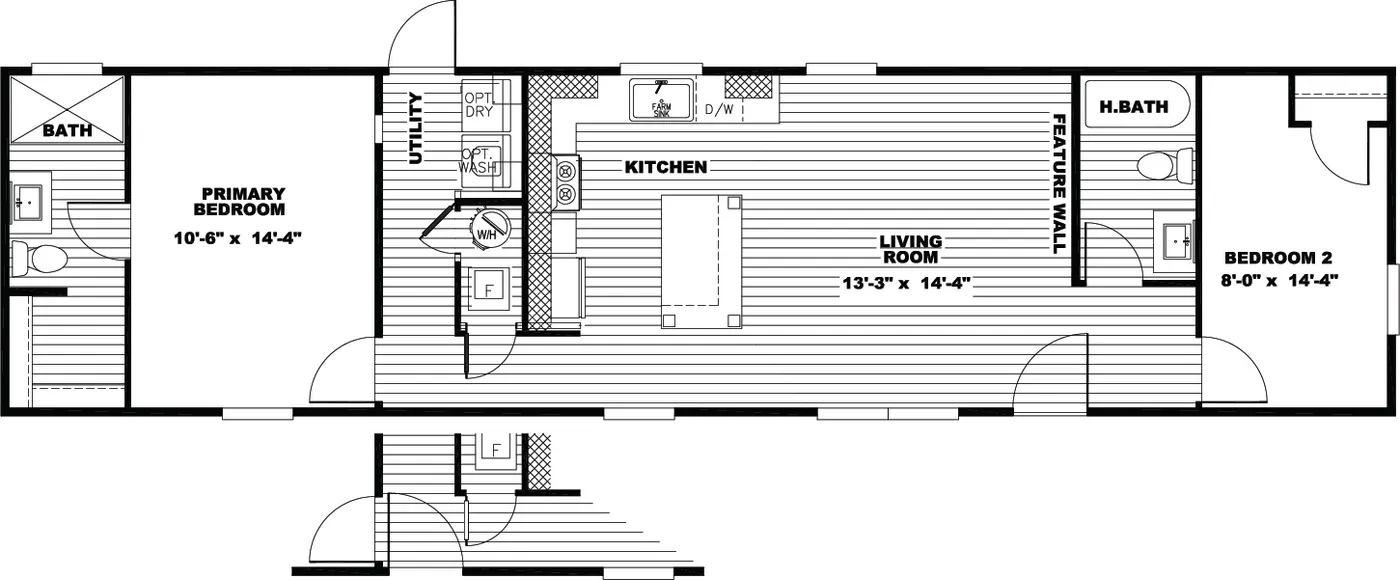 The TRINITY 60 Floor Plan. This Manufactured Mobile Home features 2 bedrooms and 2 baths.