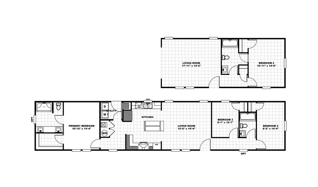 The EMERALD Floor Plan. This Manufactured Mobile Home features 3 bedrooms and 2 baths.
