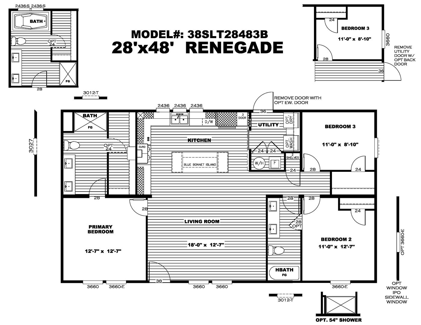 The THE RENEGADE Floor Plan. This Manufactured Mobile Home features 3 bedrooms and 2 baths.