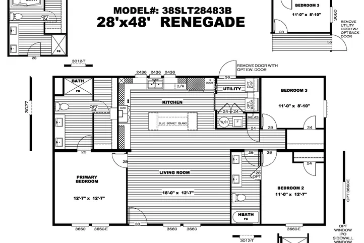 The THE RENEGADE Floor Plan. This Manufactured Mobile Home features 3 bedrooms and 2 baths.