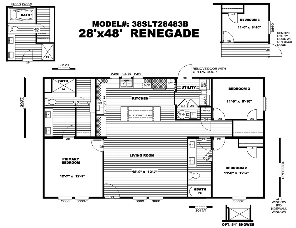 The THE RENEGADE Floor Plan. This Manufactured Mobile Home features 3 bedrooms and 2 baths.