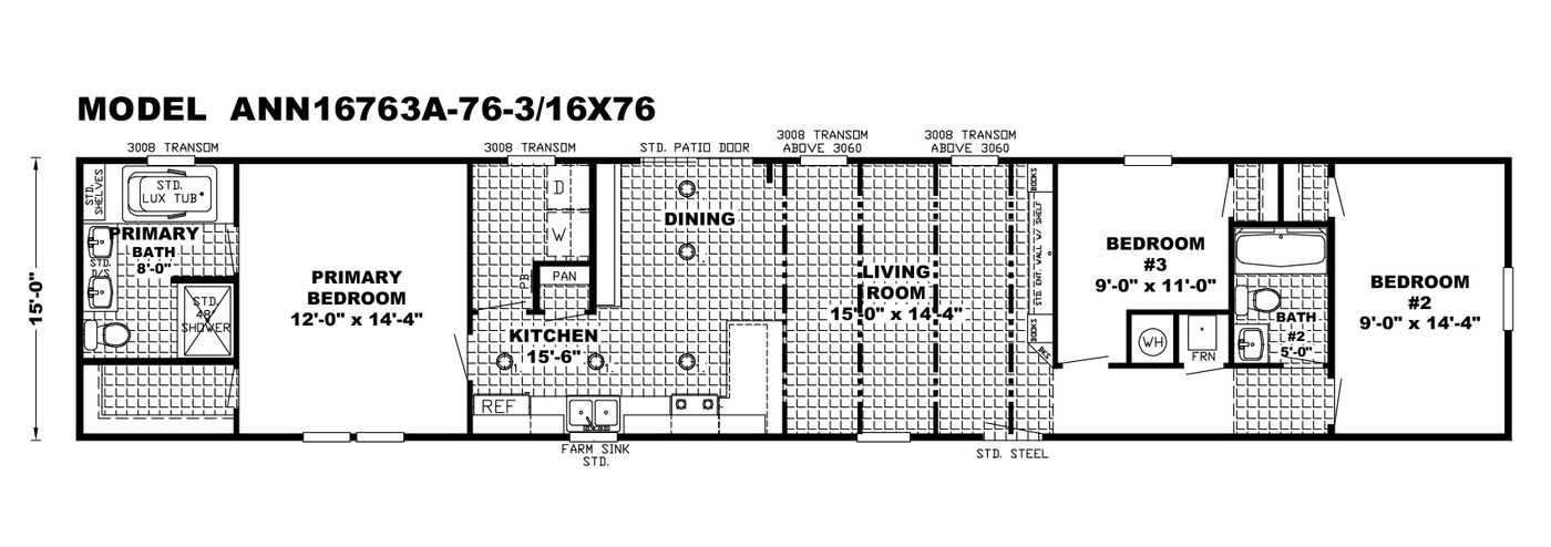 The THE ANNIVERSARY ANN16763A Floor Plan. This Manufactured Mobile Home features 3 bedrooms and 2 baths.