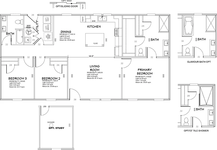 The ULTRA BREEZE 28X52 Floor Plan. This Manufactured Mobile Home features 3 bedrooms and 2 baths.