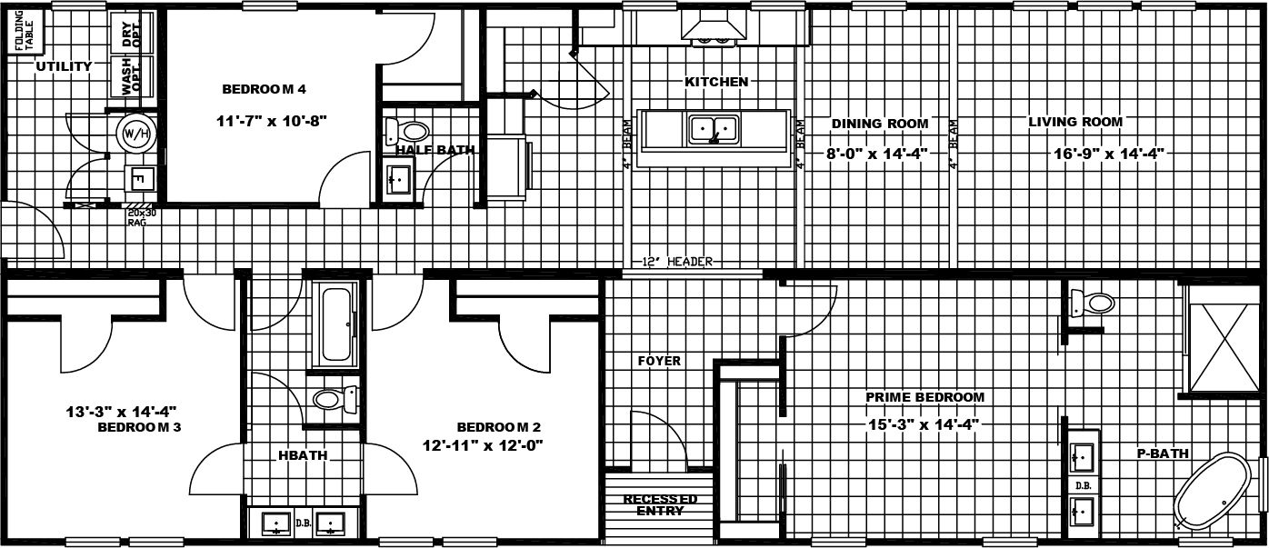 The FREEDOM FARM HOUSE 4BR 32X70 Floor Plan. This Manufactured Mobile Home features 4 bedrooms and 2.5 baths.
