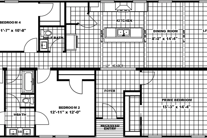 The FREEDOM FARM HOUSE 4BR 32X70 Floor Plan. This Manufactured Mobile Home features 4 bedrooms and 2.5 baths.