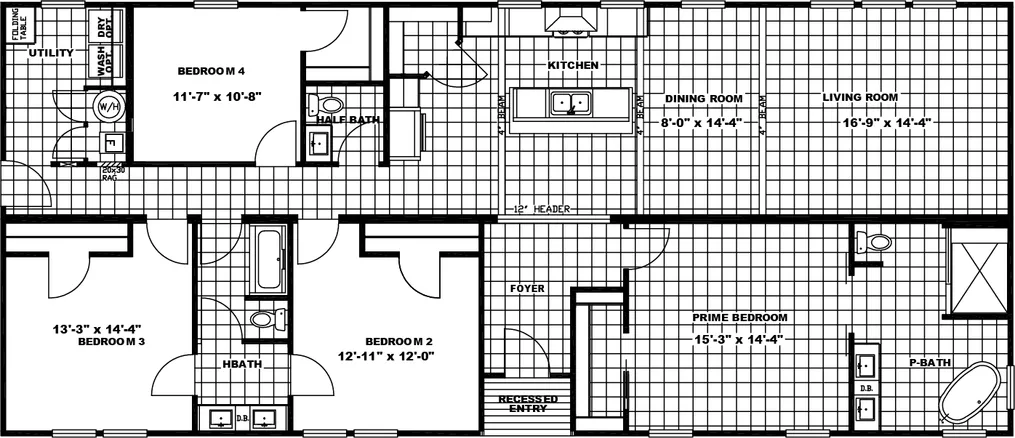 The FREEDOM FARM HOUSE 4BR 32X70 Floor Plan. This Manufactured Mobile Home features 4 bedrooms and 2.5 baths.