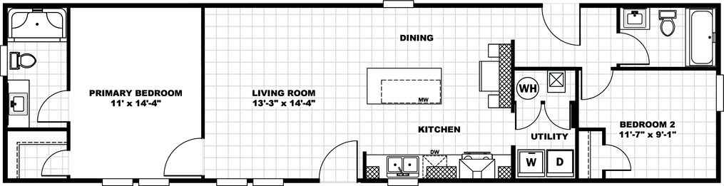The 1660B Floor Plan. This Manufactured Mobile Home features 2 bedrooms and 2 baths.