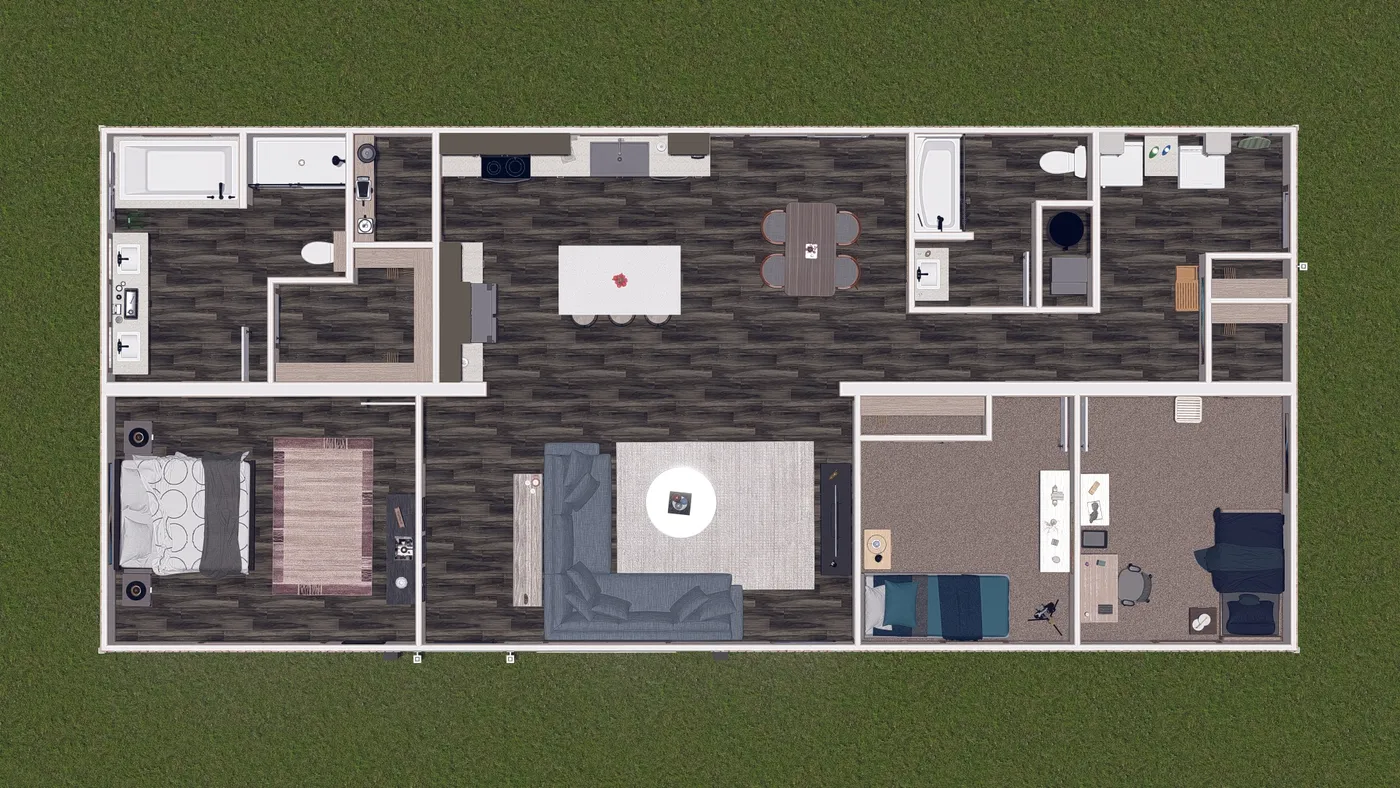 The FARM 3 FLEX Floor Plan. This Manufactured Mobile Home features 3 bedrooms and 2 baths.