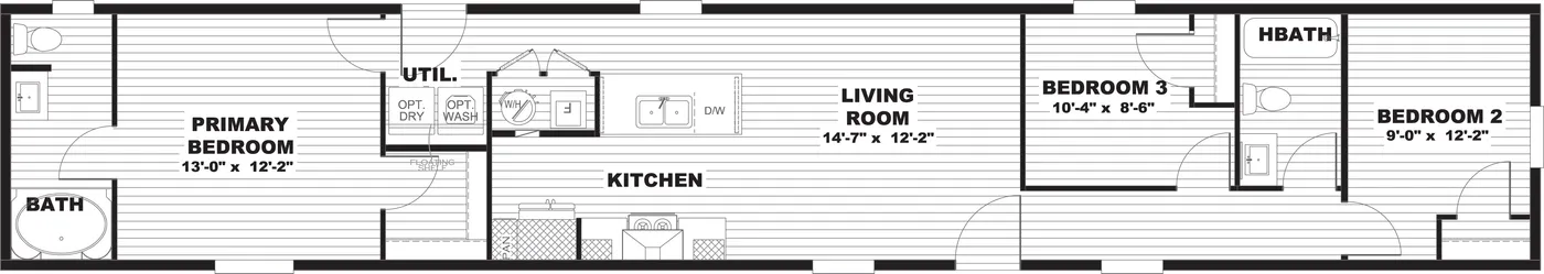 The ERIKSON Floor Plan. This Manufactured Mobile Home features 3 bedrooms and 2 baths.