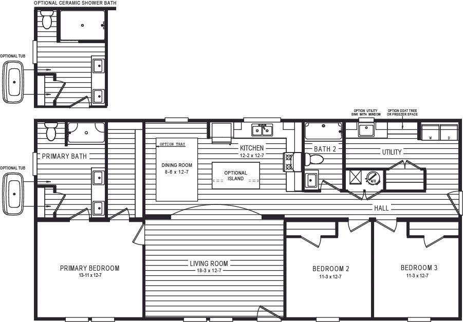 The 5410 "RIVER" 5628 Floor Plan. This Manufactured Mobile Home features 3 bedrooms and 2 baths.