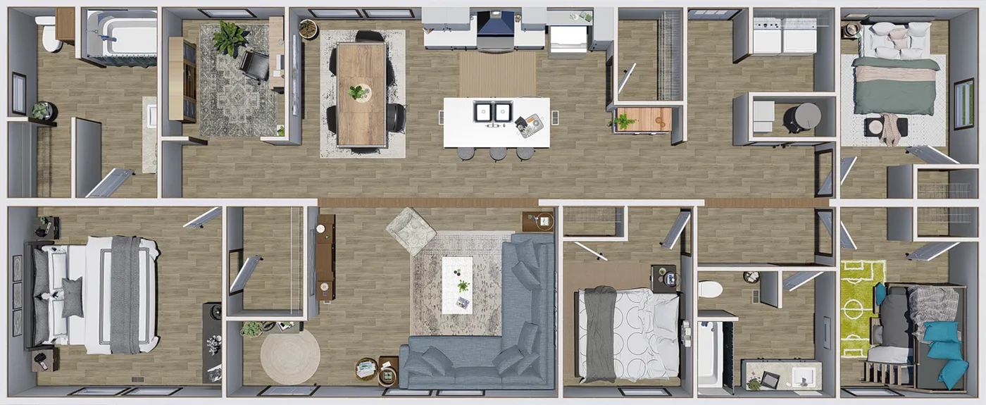 The IMPACT Floor Plan. This Manufactured Mobile Home features 4 bedrooms and 2 baths.