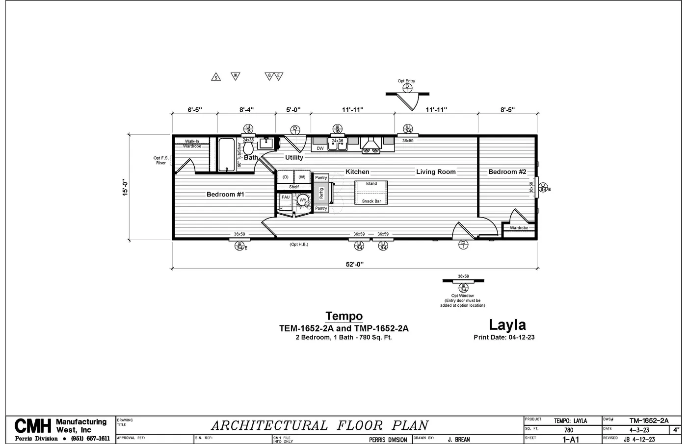 The LAYLA Floor Plan. This Manufactured Mobile Home features 2 bedrooms and 1 bath.