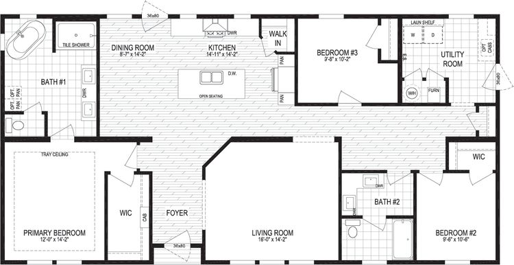 The THE DREAM/6030-MS052 SECT Floor Plan. This Manufactured Mobile Home features 3 bedrooms and 2 baths.